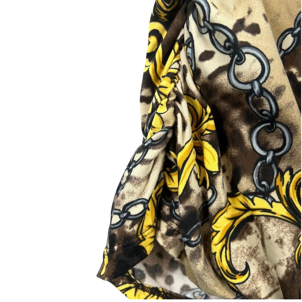 Vintage Suzie Baroque Chain Print Cowl Neck Top Y2K Brown Gold Stretch Blouse L - Picture 9 of 9